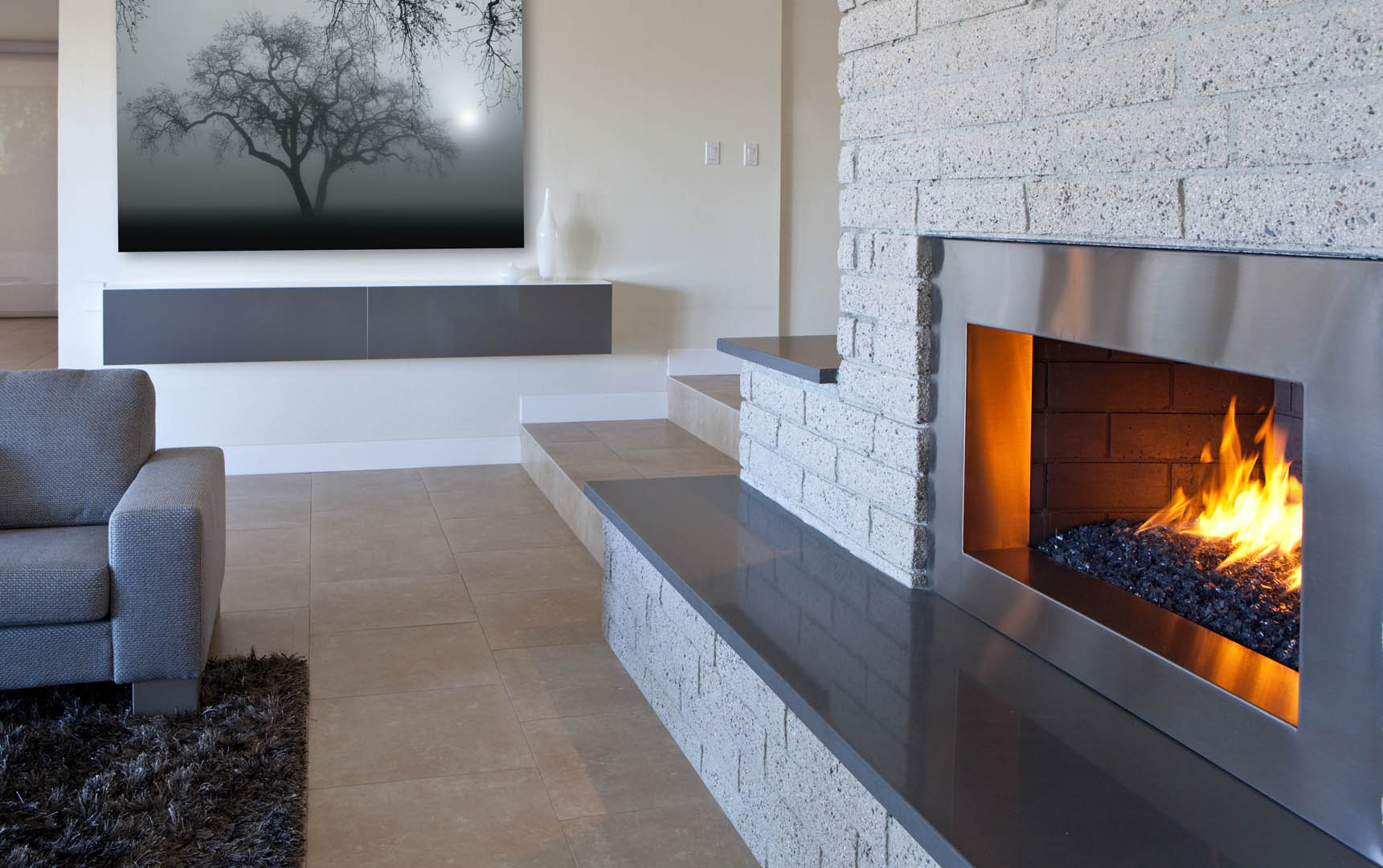 A fireplace with a fire place in the middle of it