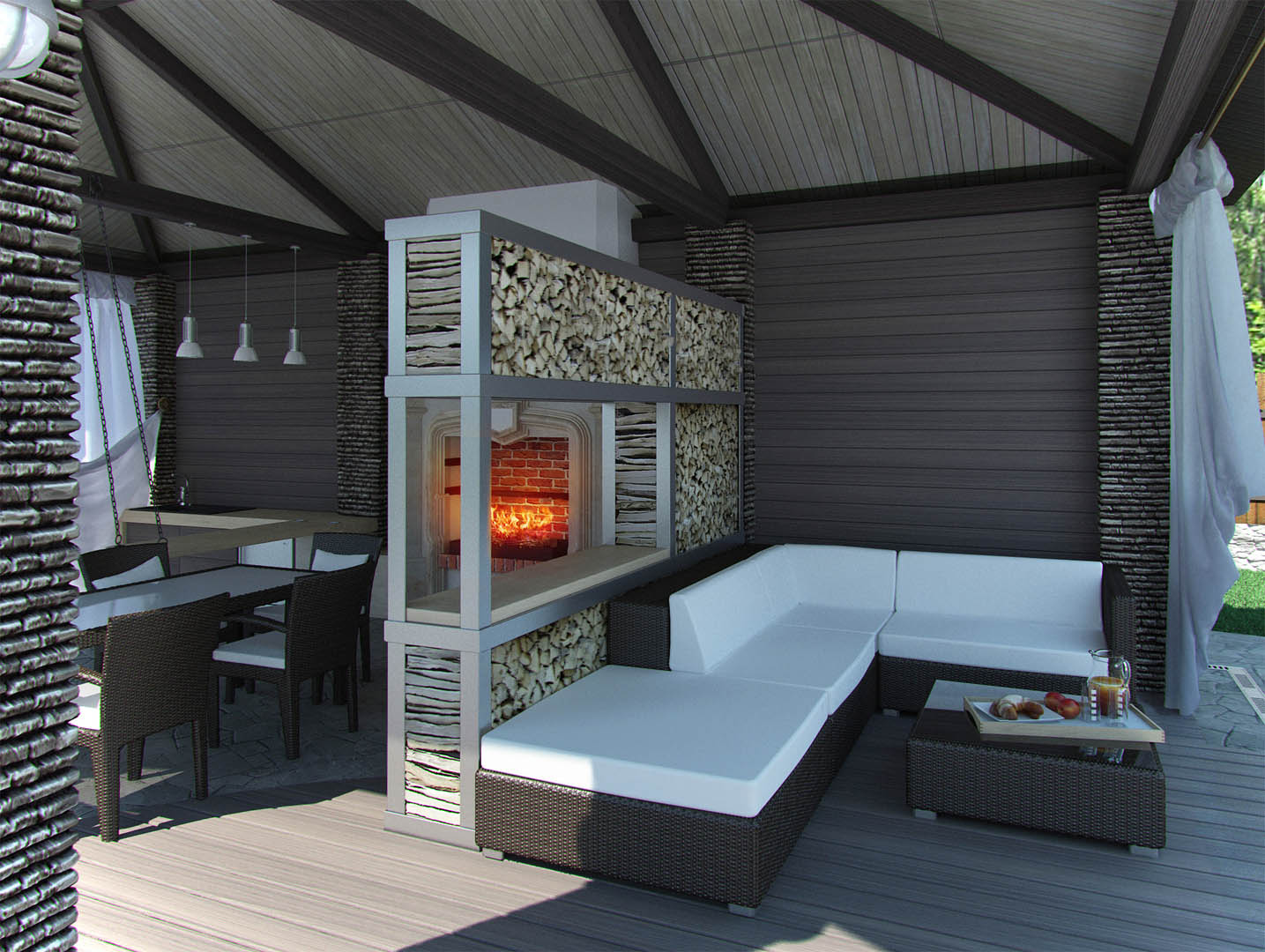A patio with a fireplace and couch in it